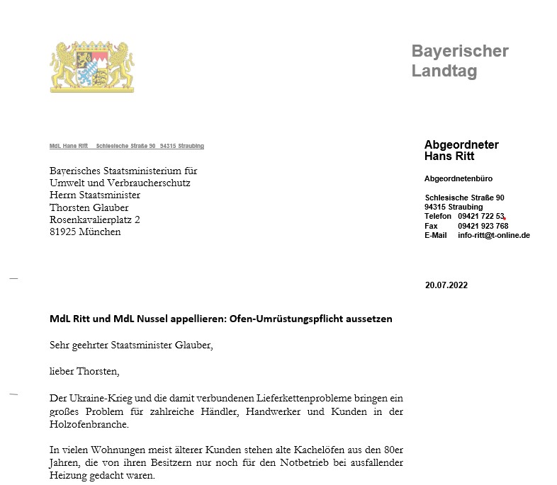 Briefkopf Abgeordneter Hans Ritt an Brief an das Bayerische Staatsministerium für Umwelt und Verbraucherschutz