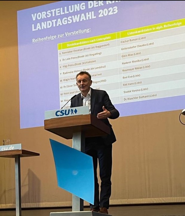 Hans Ritt am Redepult - vorne CSU Logo. Im Hintergrund Vorschlagsliste der Kandidierenden zur Landtagswahl 2023